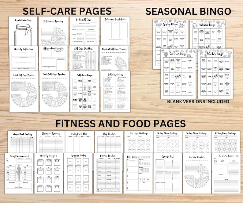 May include: A selection of printable planner pages, featuring headings such as 'Self-Care Pages', 'Seasonal Bingo', and 'Fitness and Food Pages'. The pages are in black and white and include trackers, checklists, and bingo cards. The text 'BLANK VERSIONS INCLUDED' is also visible.