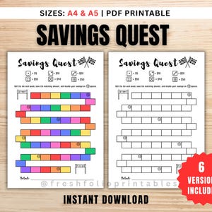 May include: Two printable "Savings Quest" game boards. One is a colourful board game with a rainbow path. The other is a black and white version. The text includes "Sizes: A4 & A5 | PDF Printable", "Savings Quest", and "Instant Download".