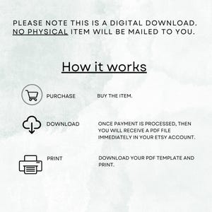 May include: An informational graphic with the text "How it works" and instructions for a digital download. The steps include purchase, download, and print, with corresponding icons and descriptions. The background is a light green watercolor wash.