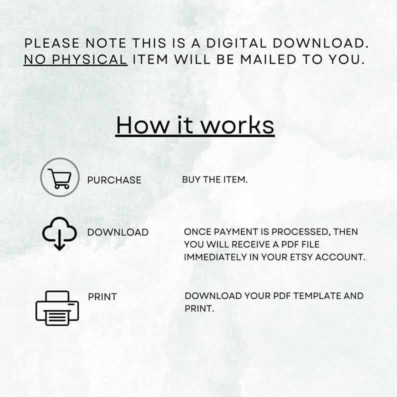 May include: An informational graphic with the text "How it works" and instructions for a digital download. The steps include purchase, download, and print, with corresponding icons and descriptions. The background is a light green watercolor wash.