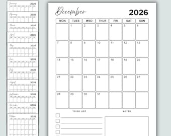 2026 Kalender 2026 Monatsplaner Vertikal 2026 Monatskalender Hochformat A4 A5 Letter Size Druckbarer Kalender Sonntag und Montag Start PDF