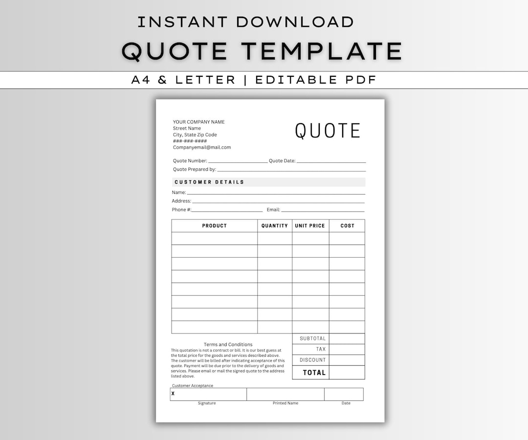 Job Quote Form.pdf Editable Quote Template: Job Proposal Form (A4/US Letter PDF Instant ...