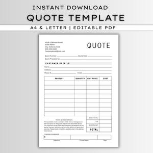 Puede incluir: Una plantilla de presupuesto blanca con el texto "QUOTE TEMPLATE" y "A4 & LETTER | EDITABLE PDF". La plantilla incluye campos para la información de la empresa, los datos del cliente, las descripciones de los productos y un resumen del coste total.