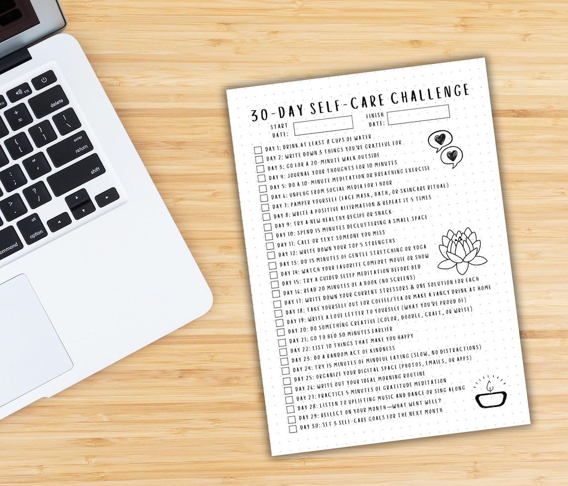 Self Care Challenge - PRINTABLE Journal Page - Planner Page - 30 Day ...