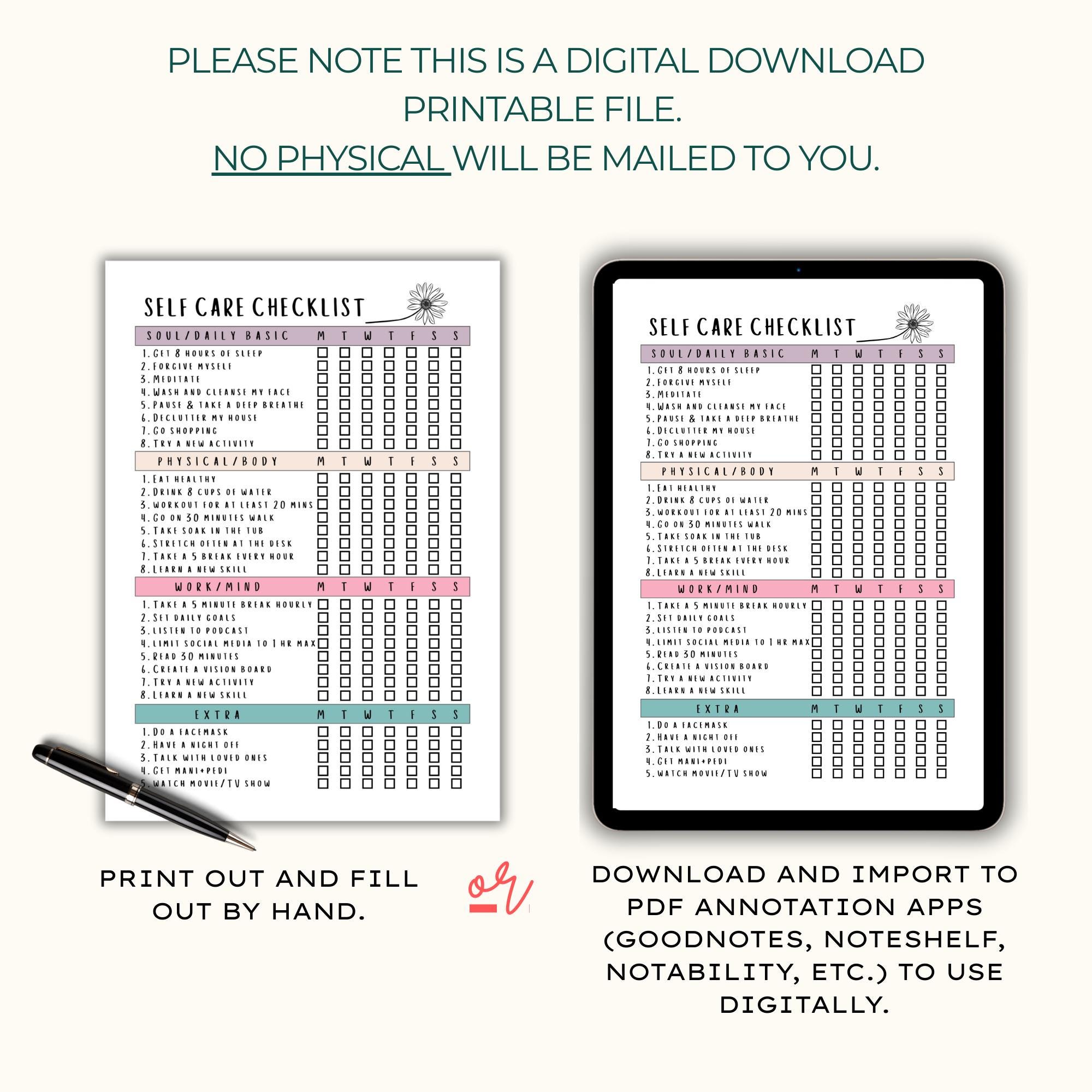 Self Care Checklist Printable, Self-care Planner, Selfcare Journal ...