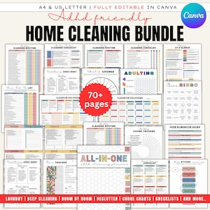 Könnte beinhalten: Ein Paket mit druckbaren Vorlagen für die Hausreinigung, darunter Checklisten, Aufgabenlisten und Kalender. Das Paket trägt die Bezeichnung "Adhd friendly Home Cleaning Bundle" und umfasst über 70 Seiten. Das Design ist farbenfroh und enthält das Canva-Logo.