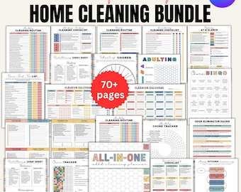 May include: A collection of printable home cleaning templates, including checklists, chore charts, and calendars. The bundle is labeled "Adhd friendly Home Cleaning Bundle" and includes over 70 pages. The design is colorful and includes the Canva logo.
