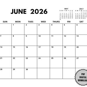June 2026 Printable Calendar, Minimalist Monthly Planner, Digital Download, Dated Planner Sunday + Monday Start Landscape  A4 US Letter PDF