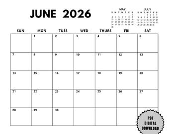 Calendario stampabile di giugno 2026, agenda mensile minimalista, download digitale, agenda datata con inizio domenica e lunedì, formato orizzontale A4, formato US Letter, PDF.