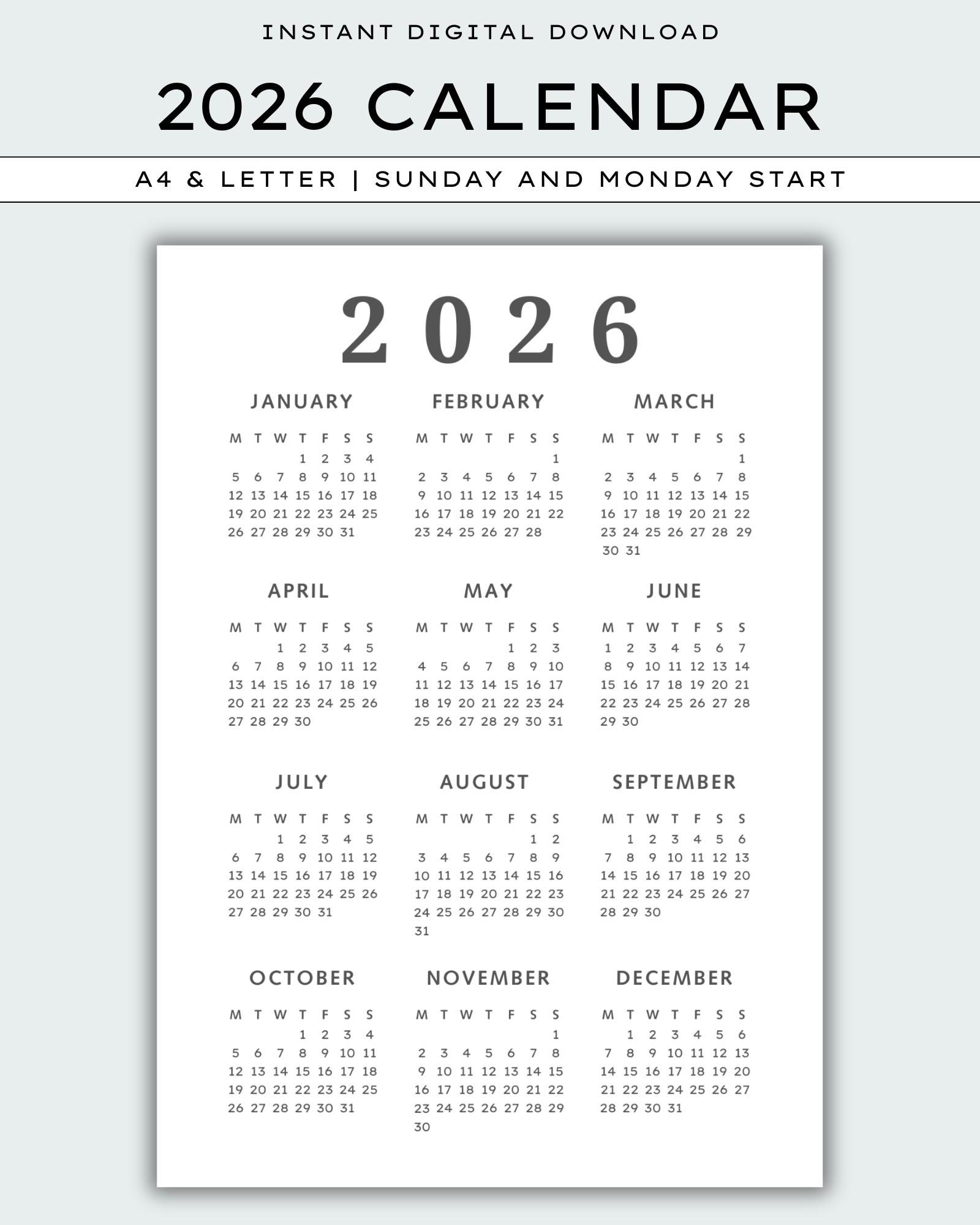 2026 Calendar Single Page Printable (A4 & US Letter) (digital