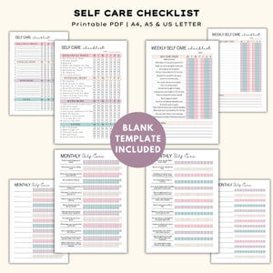 May include: A collection of printable self-care checklists in A4, A5, and US Letter sizes. The checklists include daily, weekly, and monthly self-care tasks. The text "SELF CARE CHECKLIST" is at the top.