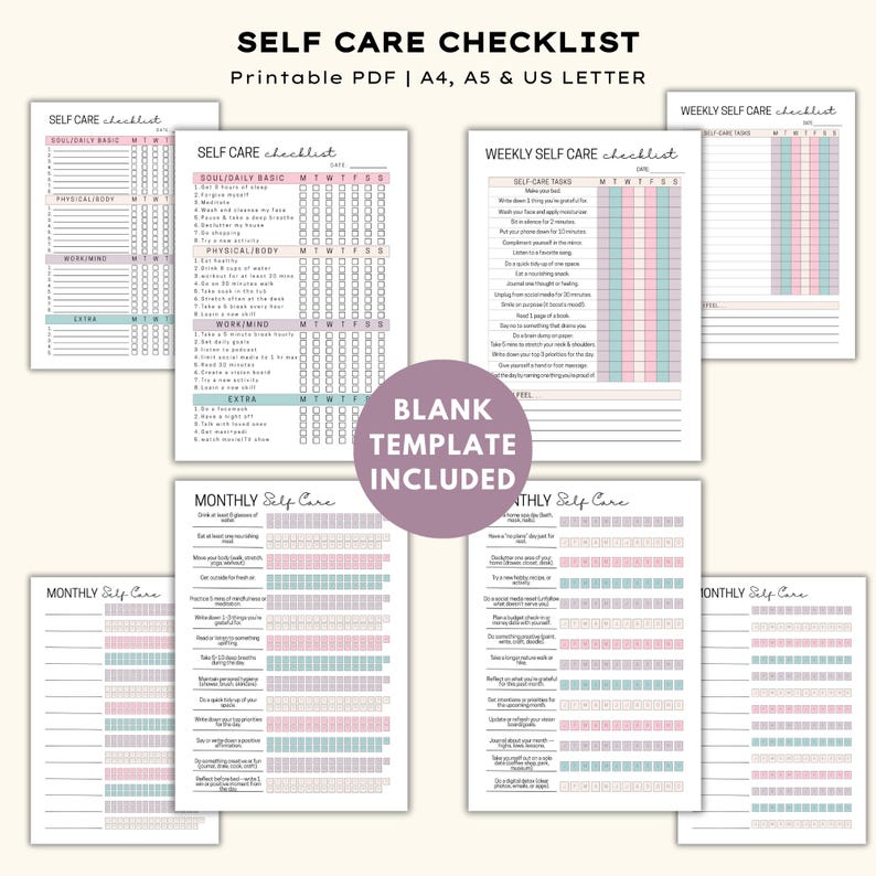 May include: A collection of printable self-care checklists in A4, A5, and US Letter sizes. The checklists include daily, weekly, and monthly self-care tasks. The text "SELF CARE CHECKLIST" is at the top.