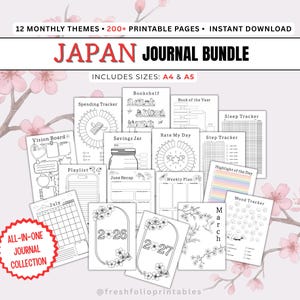 Japan Journal Bundle - 200+ Printable Journal Pages, Habit & Mood Trackers, Yearly Trackers, Reading Logs, Digital Planners,  A4 and A5 PDF