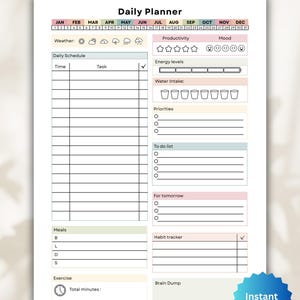 May include: A printable PDF daily planner with sections for daily schedules, weather, productivity, mood, water intake, and more. The planner includes a habit tracker, meal planning, and exercise tracking. The text "COLORED version | Printable PDF" is at the top.