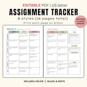May include: An assignment tracker printable PDF in US letter size. The design includes a weekly assignment layout with sections for subjects like Algebra, Biology, History, P.E., English, and Art. The tracker has space for notes and a to-do list.