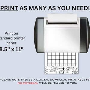 May include: A printer printing a black and white calendar page. The text on the page reads "June" and includes summer-themed illustrations. The paper size is 8.5" x 11". The text at the top says "Print as many as you need!"
