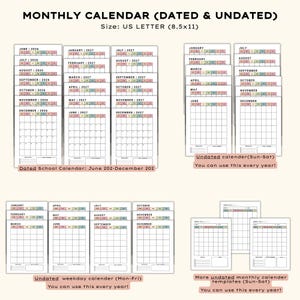 May include: A collection of undated and dated monthly calendar templates in US Letter size (8.5x11 inches). The calendars include dated school calendars from June 2026 to December 2027, and undated calendars for weekday and weekend use.