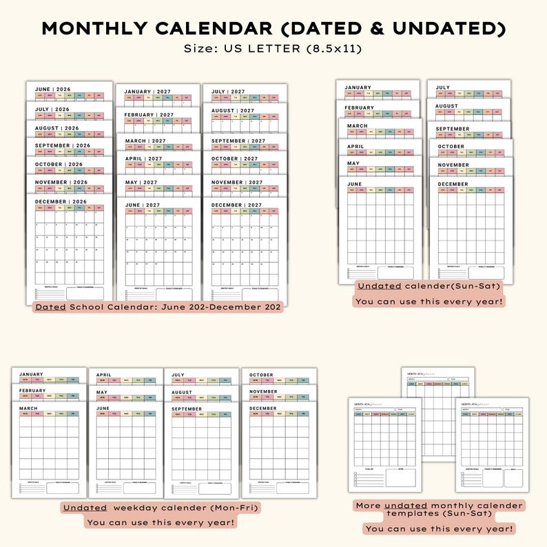 May include: A collection of undated and dated monthly calendar templates in US Letter size (8.5x11 inches). The calendars include dated school calendars from June 2026 to December 2027, and undated calendars for weekday and weekend use.
