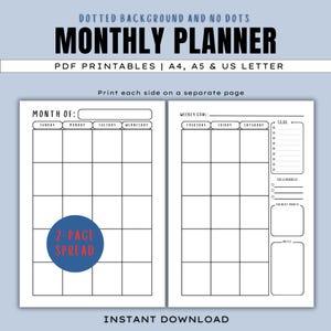 Può includere: Un pianificatore mensile stampabile di due pagine con sfondo blu. La pagina sinistra è per il mese e la destra per gli obiettivi settimanali. Il pianificatore include spazio per note e priorità. Il testo include "Monthly Planner" e "Instant Download".