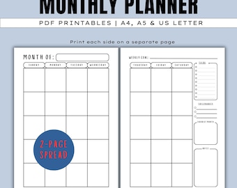 Journal Calendar Printable - 2 page Spread, Bullet Journal Pages, Two Pages Monthly Calendar Inserts, Planner Template, Sunday Monday Start