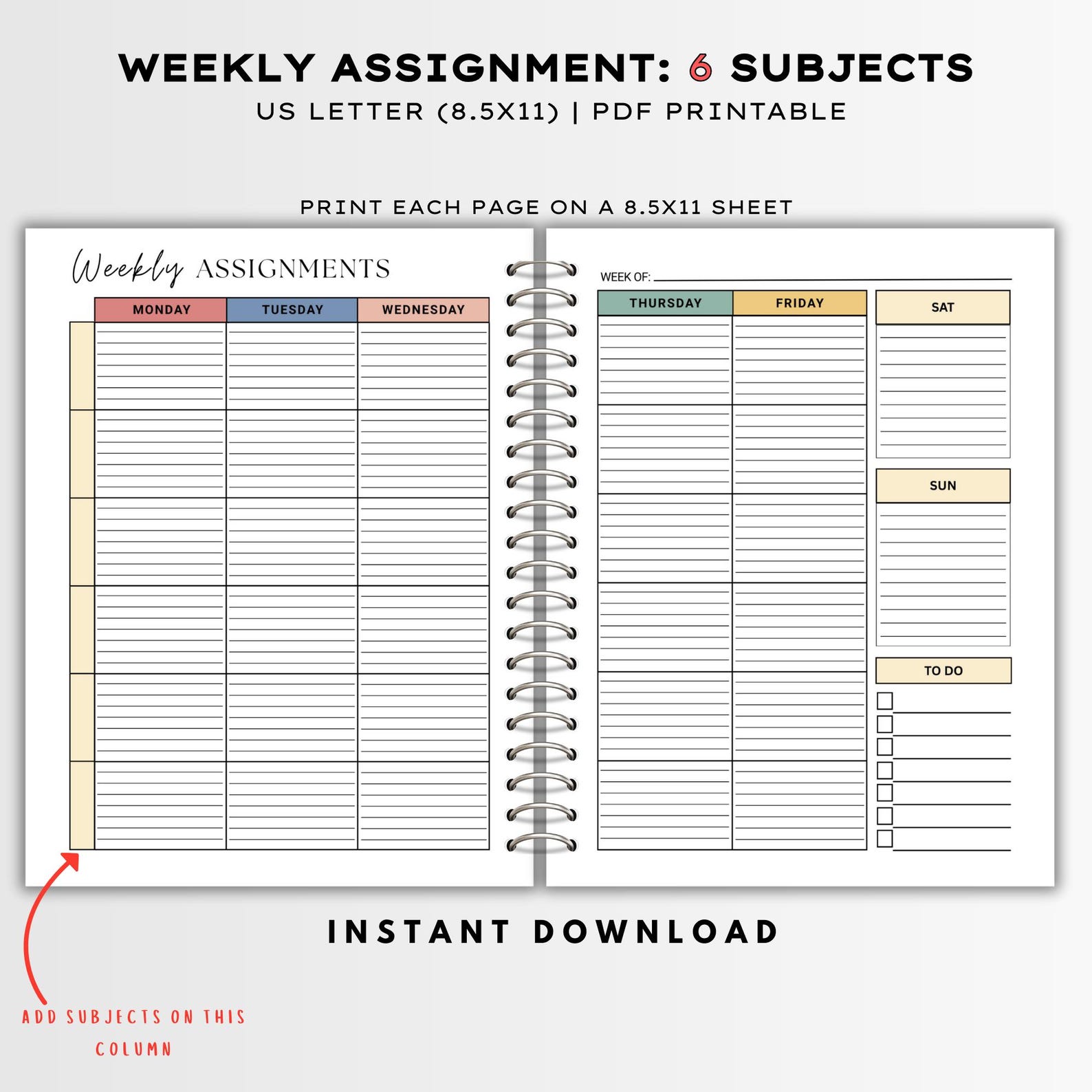 Subject Review Tracker Printable Assignment Tracker, Two Pages, 7 Subjects, Homework Planner ...