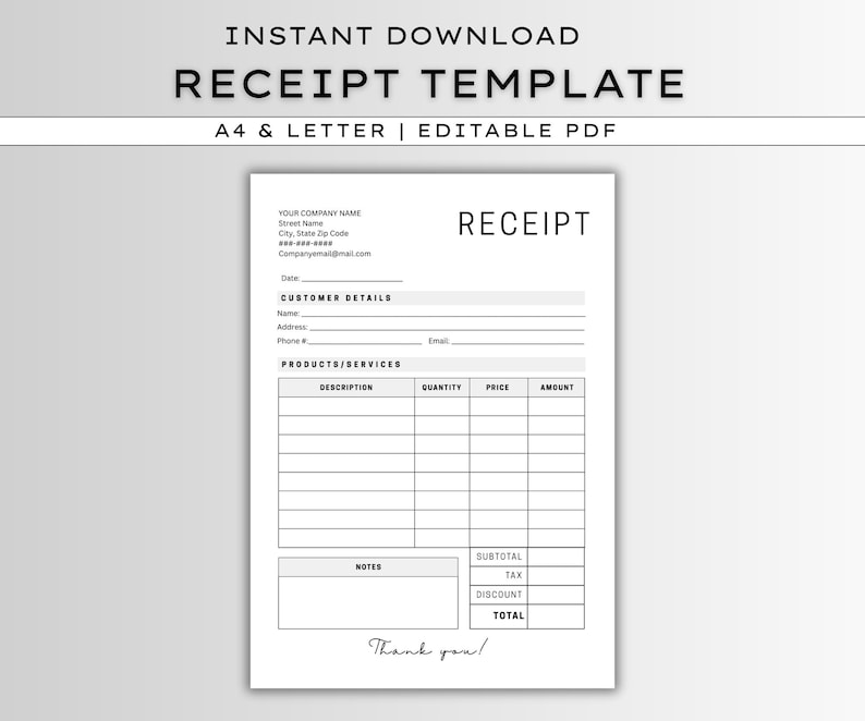 Editable Business Receipt Template: Printable Fillable Form (instant ...