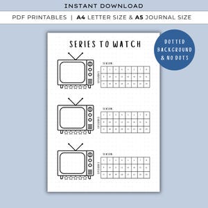 Puede incluir: Una página de diario imprimible en blanco y negro con el texto "SERIES TO WATCH". La página presenta tres ilustraciones de televisión con gráficos de seguimiento de episodios. El texto "INSTANT DOWNLOAD" y las opciones de tamaño están en la parte superior.