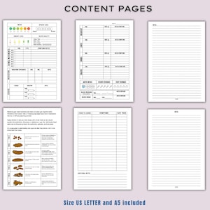 May include: A collection of white content pages with black text, including mood, energy level, and sleep quality trackers, along with sections for bowel movements, medication, and food intake. The pages also include a stool chart and note sections. The text "CONTENT PAGES" is at the top.
