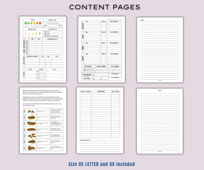 May include: A collection of white content pages with black text, including mood, energy level, and sleep quality trackers, along with sections for bowel movements, medication, and food intake. The pages also include a stool chart and note sections. The text "CONTENT PAGES" is at the top.