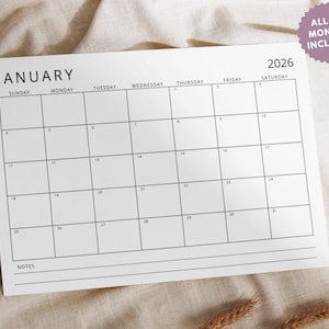 Puede incluir: Calendario mensual blanco de 2026 que muestra el mes de enero. El calendario incluye los días de la semana, las fechas y espacio para notas. El texto "ALL 12 MONTHS INCLUDED" está en un círculo morado en la esquina superior derecha.