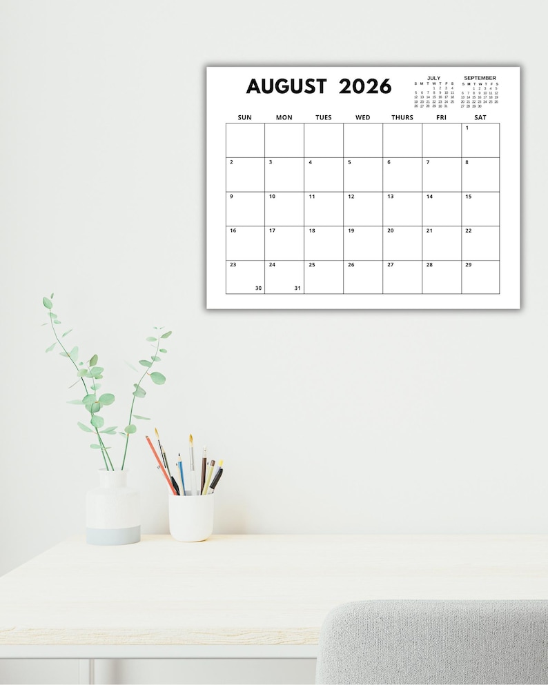 Calendario imprimible de agosto de 2026, planificador mensual ...