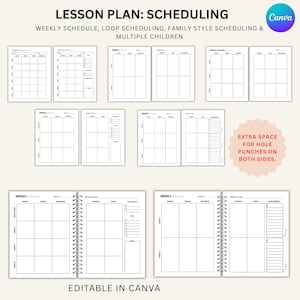 May include: A collection of printable lesson plan templates for scheduling, including weekly, loop, and family-style layouts. The black and white documents feature grids, checklists, and notes sections, with text indicating they are editable in Canva.