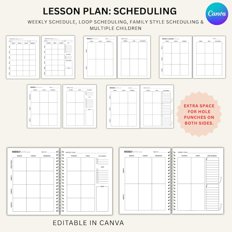 May include: A collection of printable lesson plan templates for scheduling, including weekly, loop, and family-style layouts. The black and white documents feature grids, checklists, and notes sections, with text indicating they are editable in Canva.