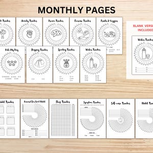 May include: A set of printable monthly tracker pages, including health, anxiety, and habit trackers. The pages feature circular and grid designs with the text "MONTHLY PAGES" and "BLANK VERSIONS INCLUDED".
