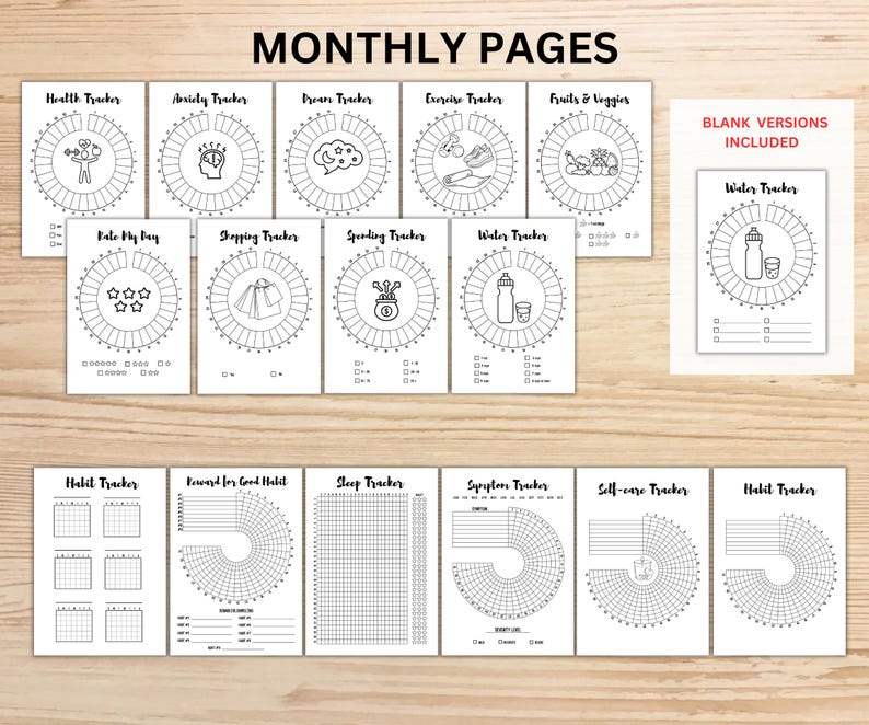 May include: A set of printable monthly tracker pages, including health, anxiety, and habit trackers. The pages feature circular and grid designs with the text "MONTHLY PAGES" and "BLANK VERSIONS INCLUDED".