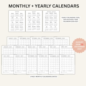 May include: A collection of printable monthly and yearly calendars featuring the text MONTHLY + YEARLY CALENDARS, YEARLY CALENDARS: 2026, 2027 & SCHOOL YEAR CALENDAR 2026-2027, AUGUST 2026 TO DECEMBER 2027, and 1 PAGE- MONTHLY CALENDARS( DATED).