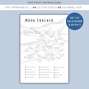 Könnte beinhalten: Ein druckbarer Mood Tracker in Schwarz-Weiß mit Papierbooten. Das Design enthält eine Liste von Stimmungen und einen Bereich, um diese zu verfolgen. Der Text auf dem Bild lautet "Mood Tracker", "Instant Download" und "PDF Printables".