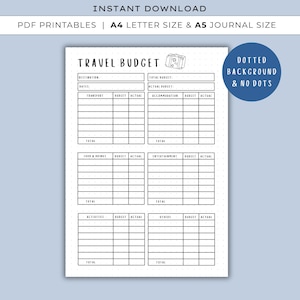 May include: A printable travel budget planner with a dotted background. The black and white design includes sections for destination, dates, transport, accommodation, food, entertainment, activities, and other expenses. The text reads "Travel Budget".