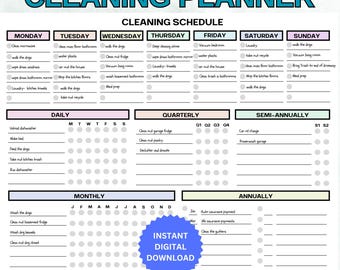 May include: A printable cleaning planner with a colorful design. The planner includes a daily, weekly, monthly, quarterly, semi-annually, and annually schedule for cleaning tasks. The planner has a section for "Instant Digital Download".