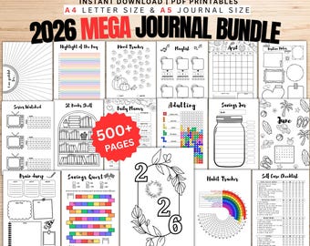 May include: A collection of printable journal pages for 2026, including mood trackers, habit trackers, and daily planners. The bundle includes over 500 pages in A4 letter and A5 journal sizes. The title "2026 MEGA JOURNAL BUNDLE" is displayed at the top.