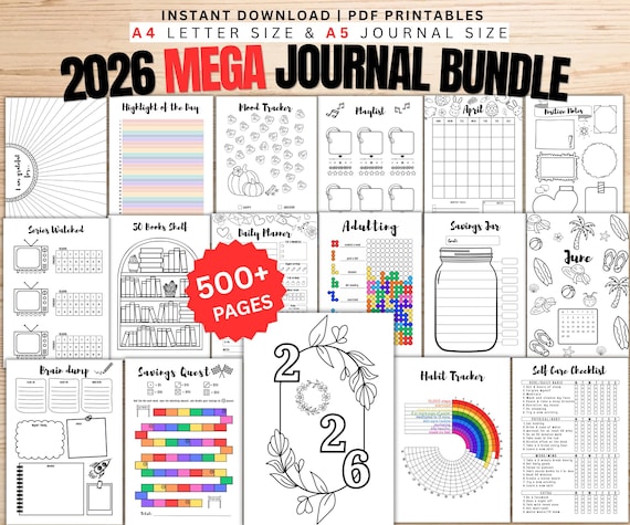 2026 MEGA Journal bundle, Printable Journal Pages, Mood Tracker, Habit Tracker, Reading Log, A4 & A5, Digital Planner Pages, Bullet Journal