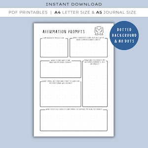 May include: A printable journal page with affirmation prompts. The page includes prompts such as "I am proud of myself for" and "What thoughts can I replace with more compassionate ones?" The page is designed for A4 and A5 journal sizes.