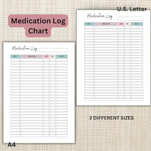 May include: Printable medication log chart in two sizes: US Letter and A4. The chart has columns for date, medication, dose, time, and notes. The chart is designed with a light pink and blue color scheme.