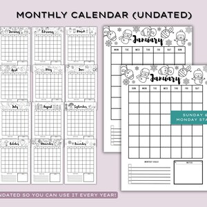 May include: A set of undated monthly calendars with a white background. Each month has a grid for daily entries, with decorative seasonal illustrations at the top. The calendars are designed to be used every year.