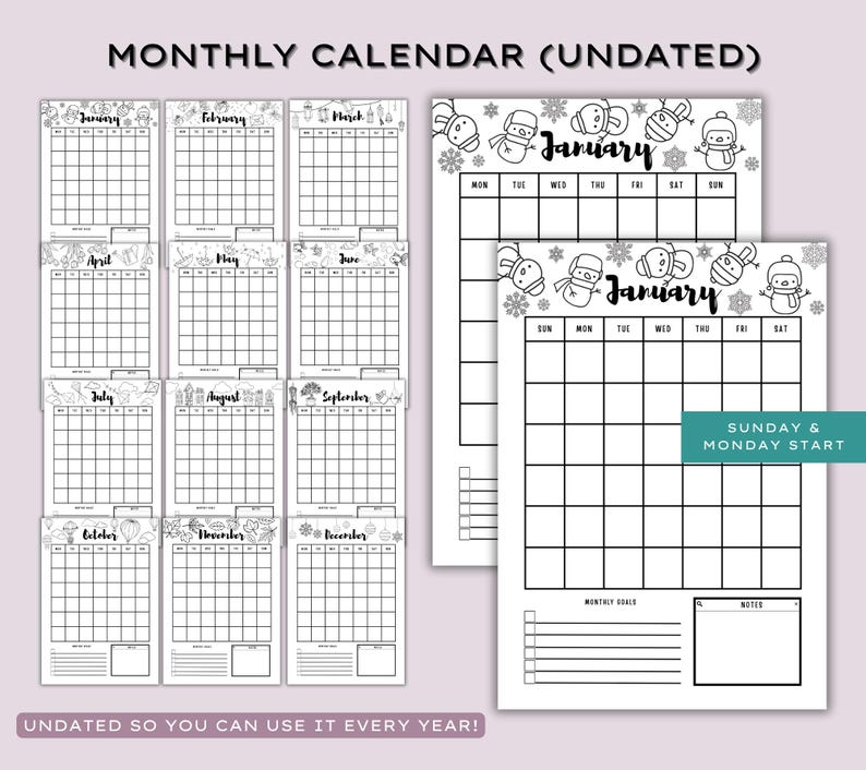 May include: A set of undated monthly calendars with a white background. Each month has a grid for daily entries, with decorative seasonal illustrations at the top. The calendars are designed to be used every year.