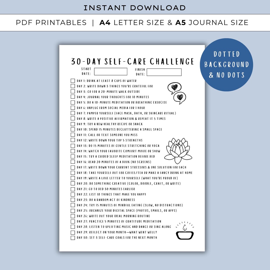 Self Care Challenge - PRINTABLE Journal Page - Planner Page - 30 Day ...