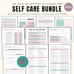 May include: A printable self-care bundle with over 40 pages, including checklists, trackers, and challenges. The bundle features pages for daily affirmations, weekly tasks, and a 30-day self-care challenge. The design includes pastel colors and various layouts.
