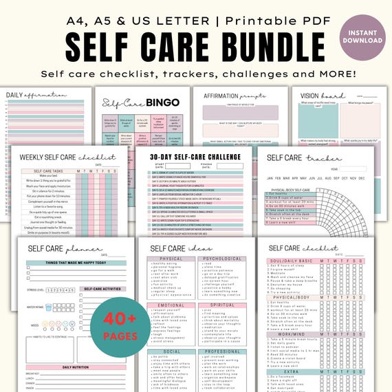 Self care checklist bundle printable, Daily self-care planner, Self care Journal Tracker, Wellness Planner Printable,  Mindfulness log, PDF
