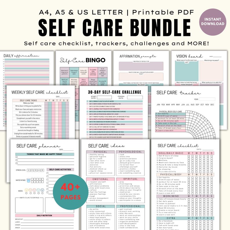 May include: A printable self-care bundle with over 40 pages, including checklists, trackers, and challenges. The bundle features pages for daily affirmations, weekly tasks, and a 30-day self-care challenge. The design includes pastel colors and various layouts.