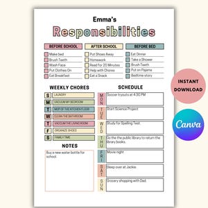 Kids Daily School Checklist, Responsibility Chart, To Do List, Editable Chore Chart, Printable PDF, Daily Routine, Homeschool Planner